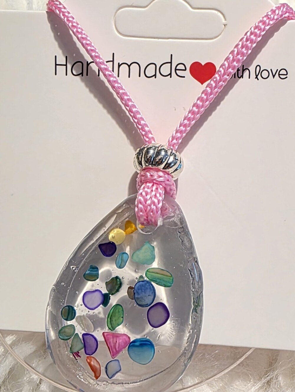 Handmade Pink Cord Necklace with Multicolor Resin Pendant